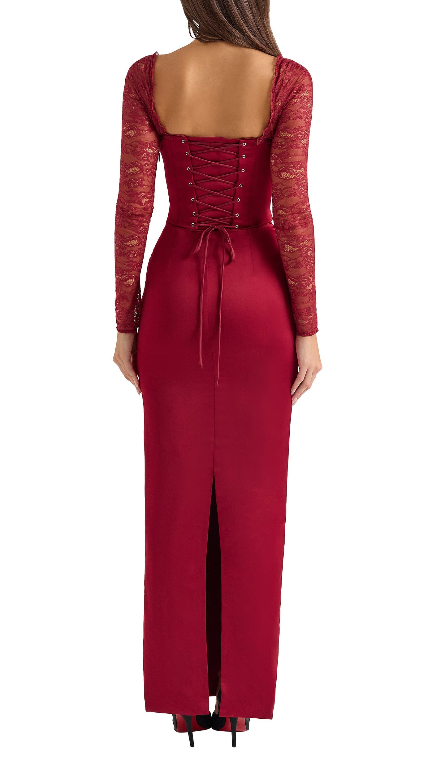 BURGUNDY SATIN MAXI DRESS WITH CORSET