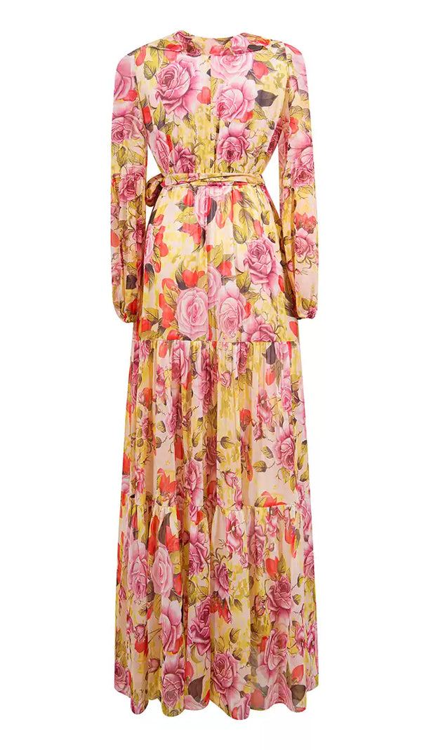 AIIZIE YELLOW FLORAL PRINT RUFFLE V - NECK MAXI DRESS WITH BELT - product image
