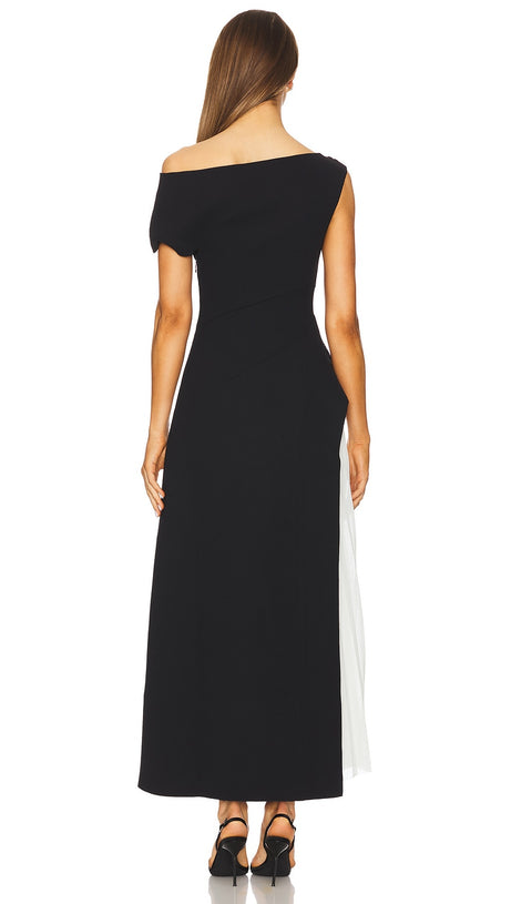 YVETTE ONE-SHOULDER PLEATED MAXI DRESS IN BLACK