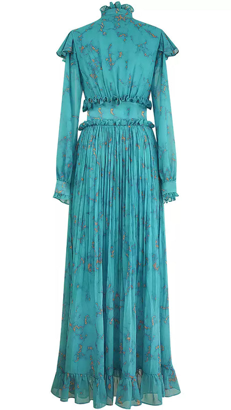ELEGANT TEAL FLORAL MAXI DRESS WITH RUFFLES AND BUTTONS