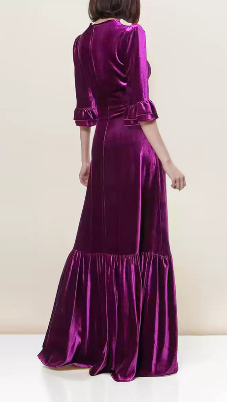 PURPLE VELVET RUFFLE TRIM MAXI DRESS WITH HALF - SLEEVES
