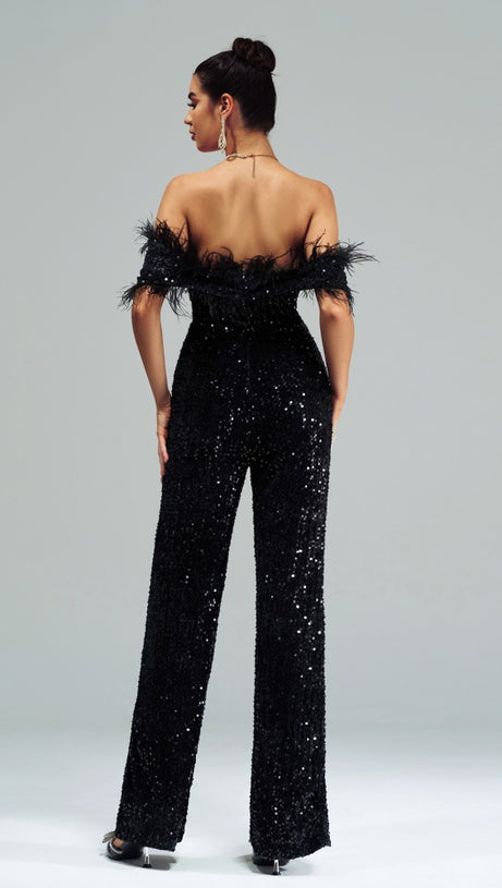 OFF-SHOULDER SEQUIN JUMPSUIT IN BLACK