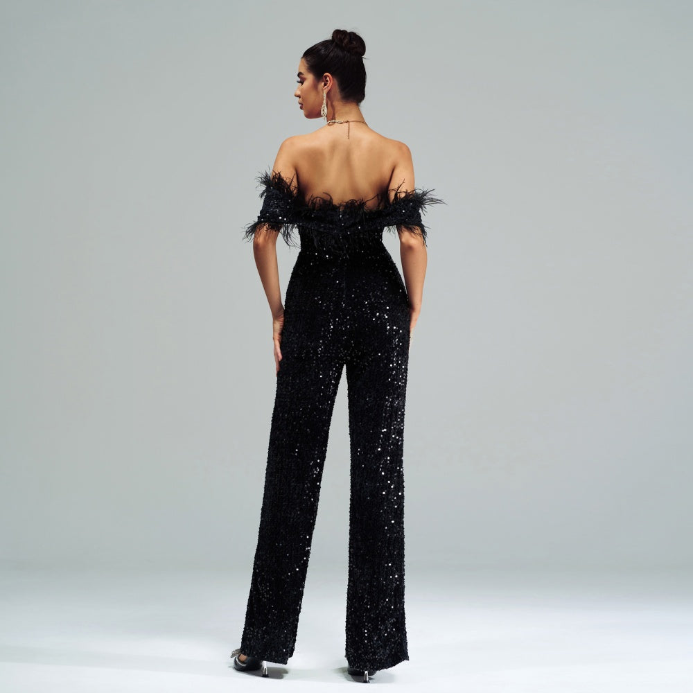 AIIZIE OFF-SHOULDER SEQUIN JUMPSUIT IN BLACK - product image