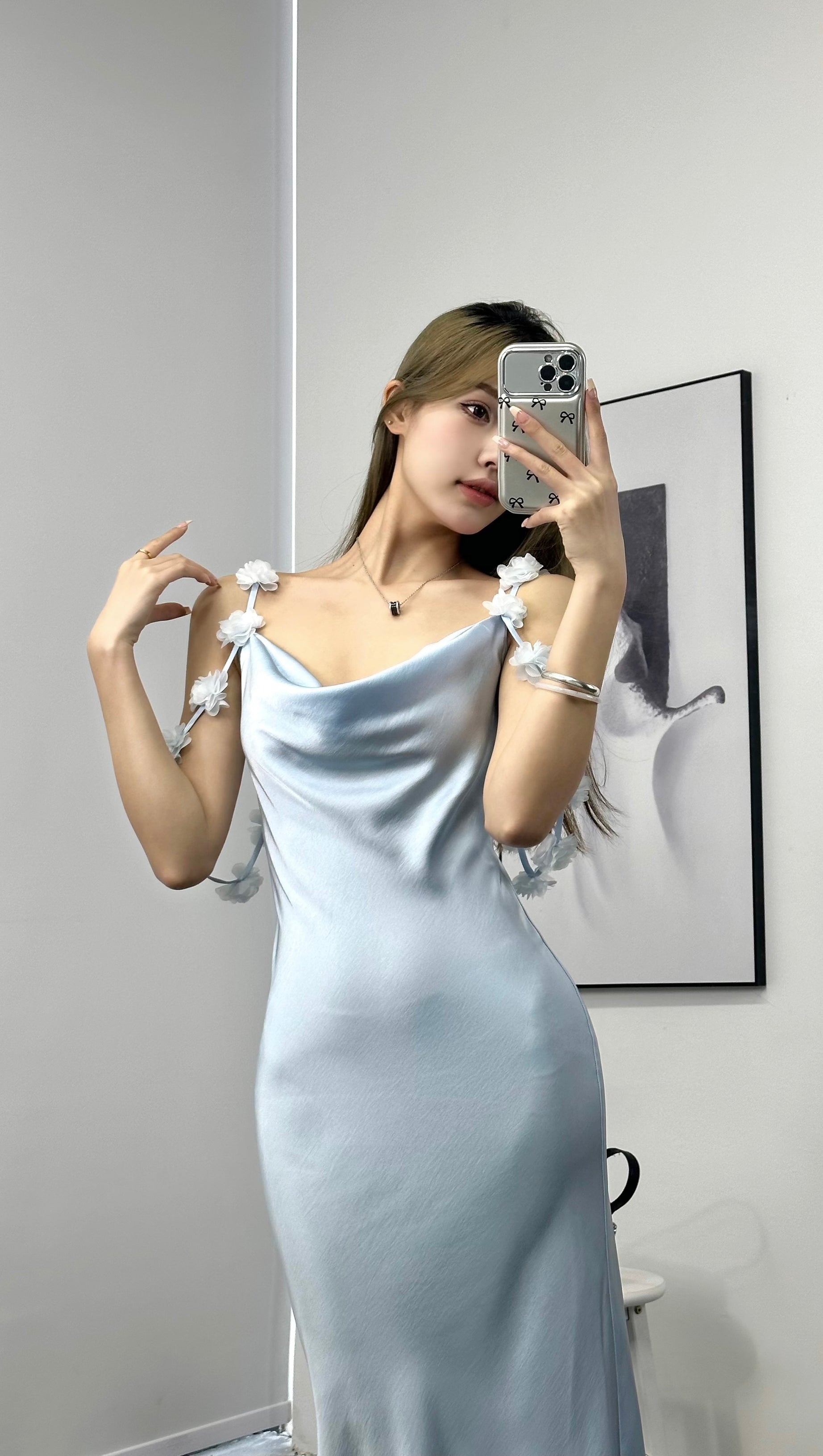 BLUE SATIN FLOWER MAXI DRESS