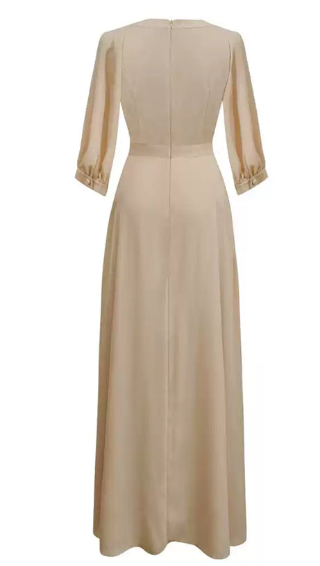 ELEGANT BEIGE WRAP MAXI DRESS WITH PUFF SLEEVES