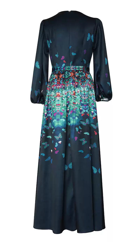ELEGANT BUTTERFLY - PRINTED MAXI DRESS WITH BELT AND SHEER SLEEVES