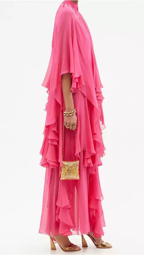 PINK CHIFFON RUFFLED MAXI DRESS WITH HIGH NECKLINE