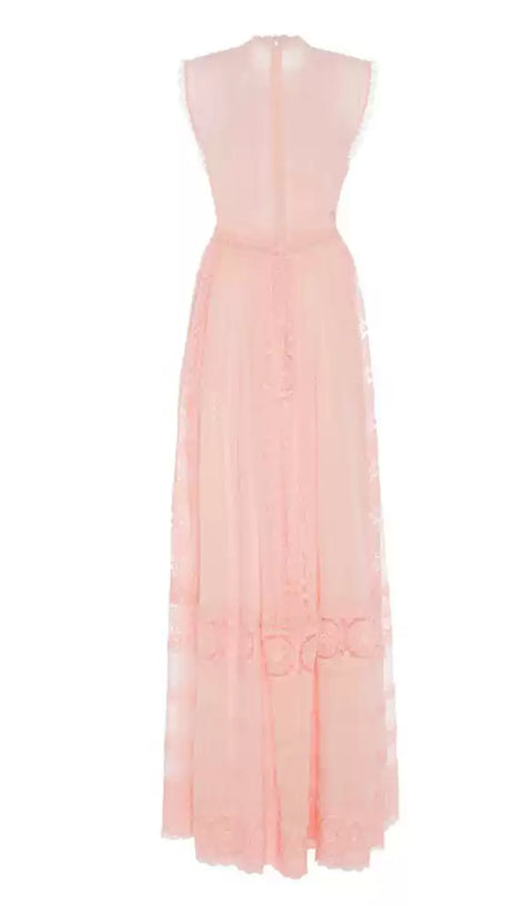 PINK SLEEVELESS LACE MAXI DRESS
