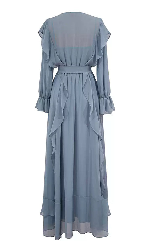 LIGHT BLUE CHIFFON RUFFLE MAXI DRESS WITH BELT