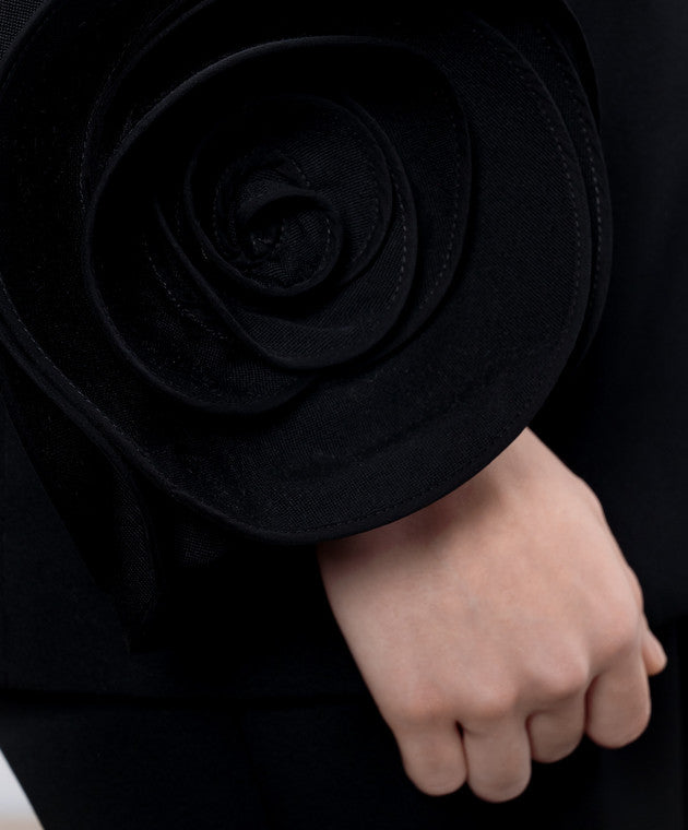 BELLA BLACK DOUBLE-BREASTED WOOL JACKET WITH FLORAL APPLIQUÉ