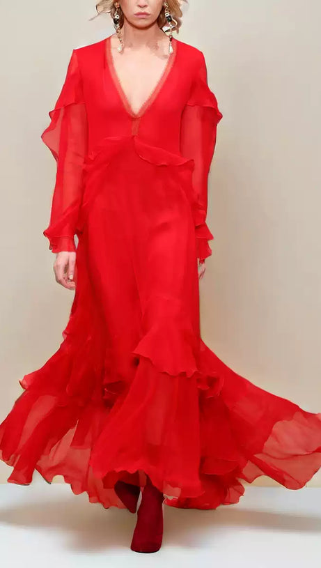 RED CHIFFON LONG WITH LACE RUFFLE SLEEVES  MAXI DRESS