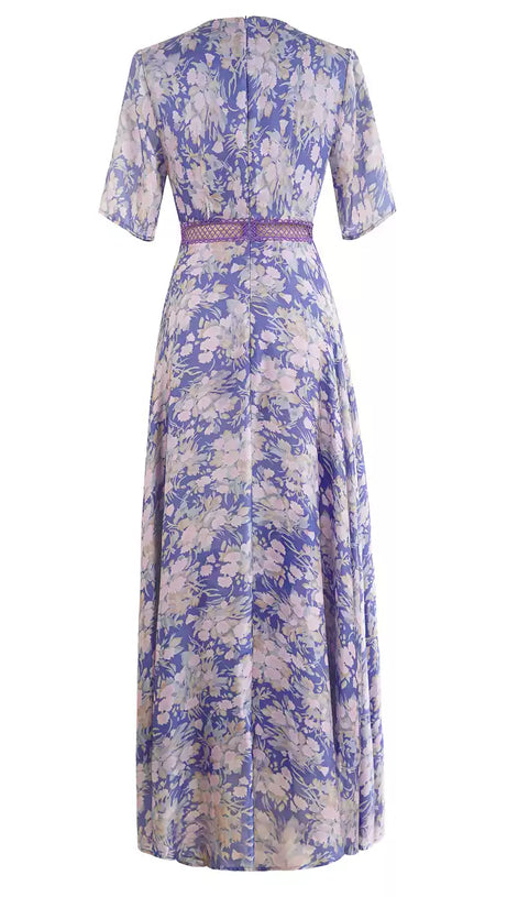 ELEGANT FLORAL PURPLE MAXI DRESS WITH V - NECK AND LACE BELT