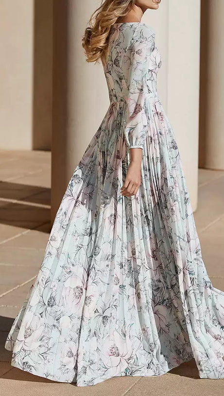 ELEGANT FLORAL PLEATED LONG DRESS WITH SHEER SLEEVES