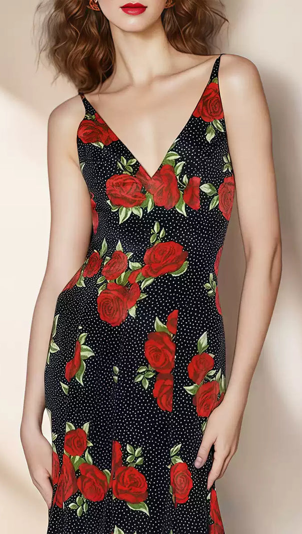 AIIZIE BLACK MAXI DRESS WITH RED ROSE PRINTS AND V - NECK - product image