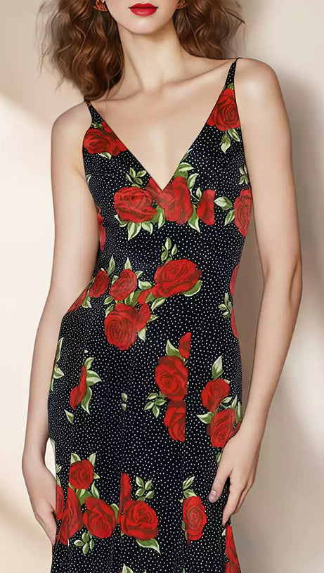 BLACK MAXI DRESS WITH RED ROSE PRINTS AND V - NECK