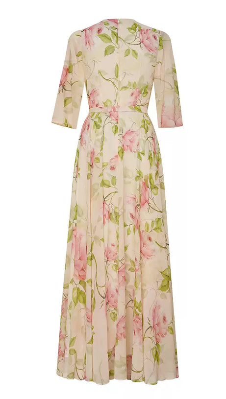 FLORAL PRINT WRAP V - NECK CHIFFON MAXI DRESS