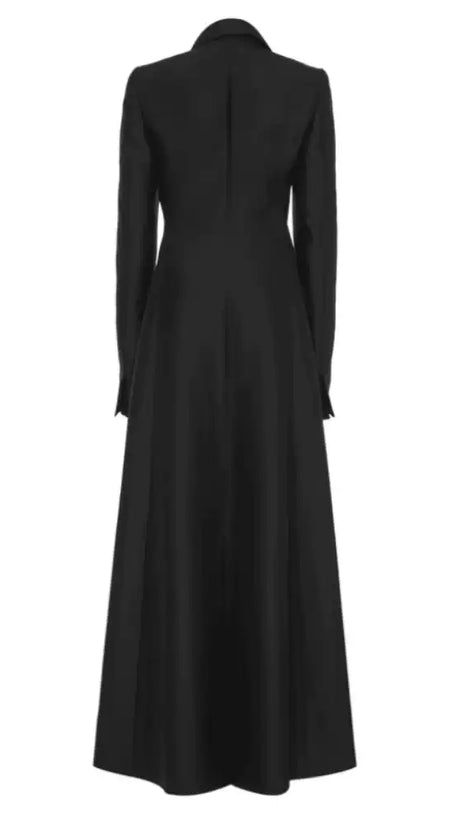 Schwarzer Langarm-Maximantel mit Satin-Revers und Strass-Knöpfen 