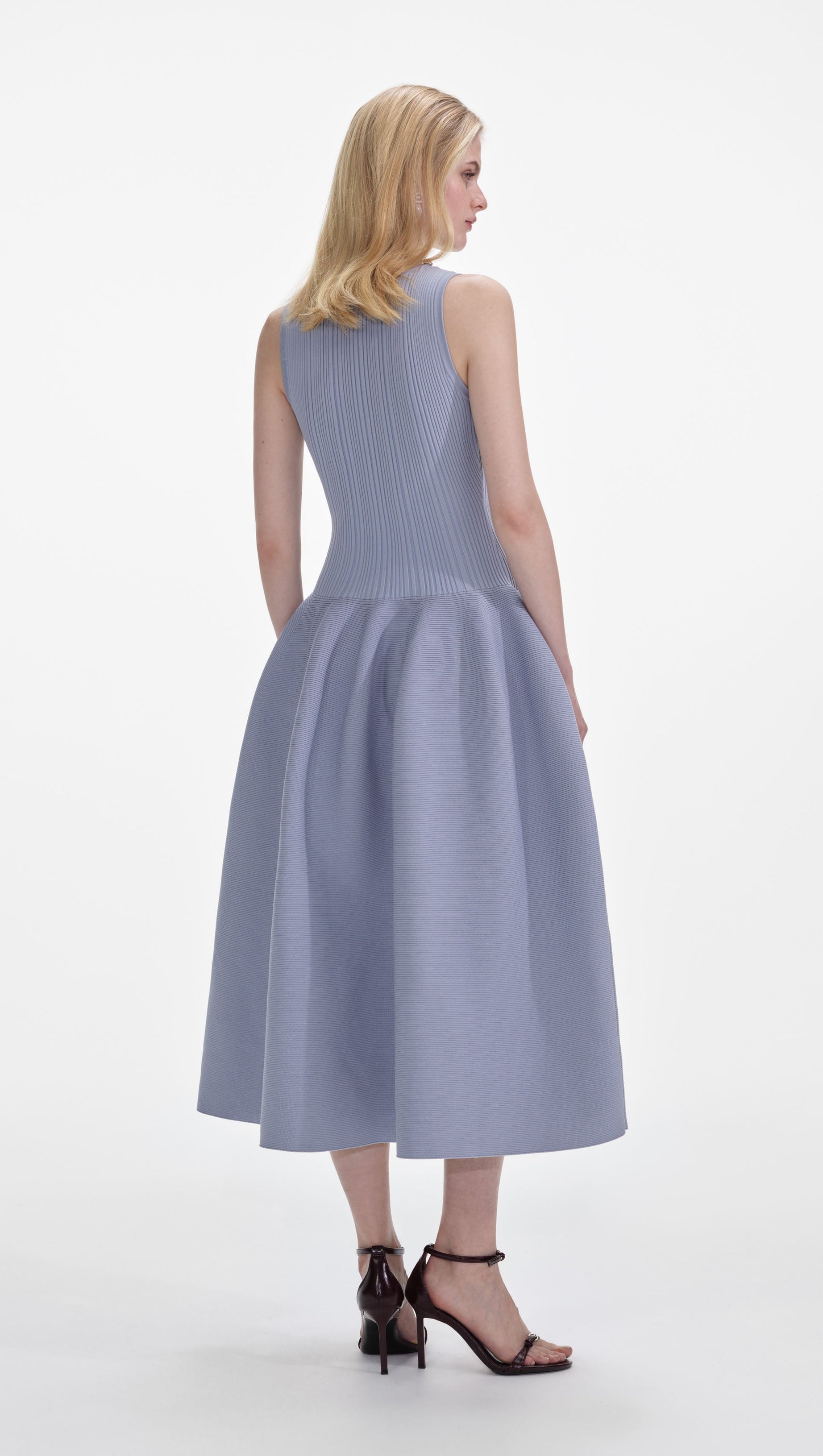 BLUE RIBBED KNIT DIAMANTE MIDI DRESS