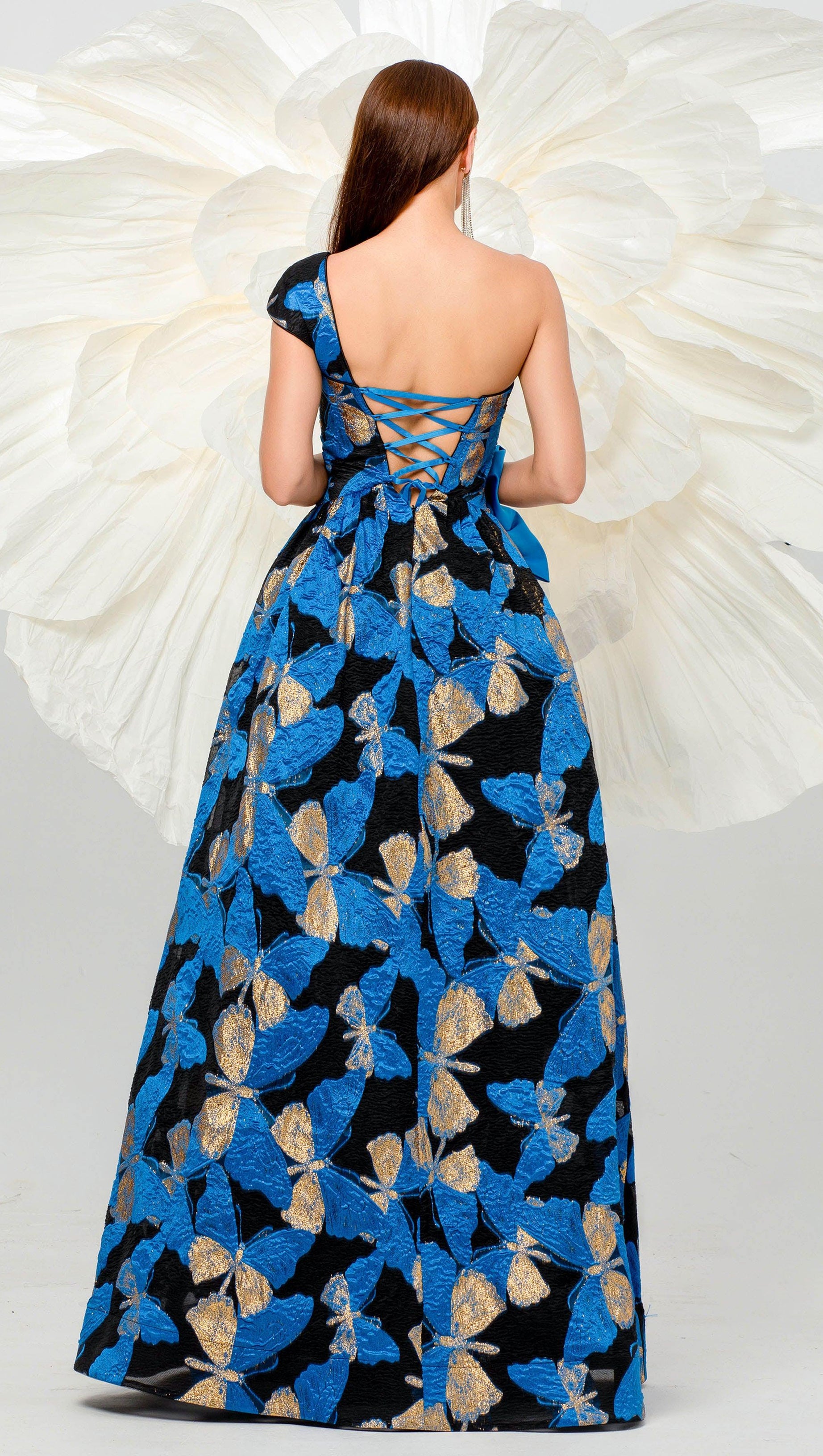 PLEATED JACQUARD BOW FLORAL A-LINE DRESS