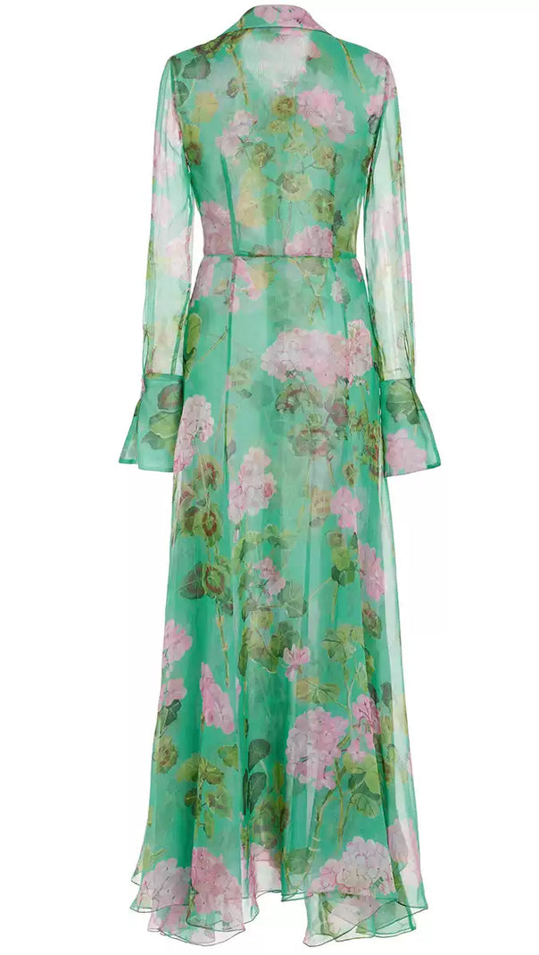 AIIZIE GREEN SHEER FLORAL MAXI DRESS WITH SHIRT COLLAR - product image