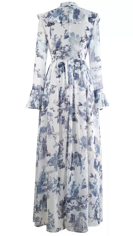BLUE WATERCOLOR FLORAL CHIFFON  MAXI DRESS