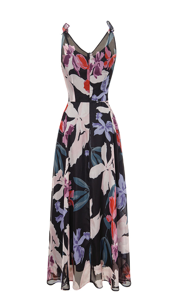AIIZIE ELEGANT FLORAL CHIFFON MAXI DRESS WITH BOW STRAPS - product image