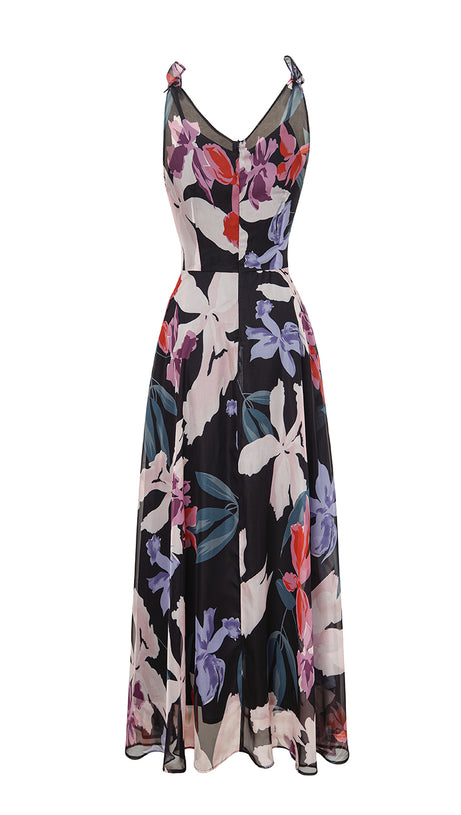ELEGANT FLORAL CHIFFON MAXI DRESS WITH BOW STRAPS