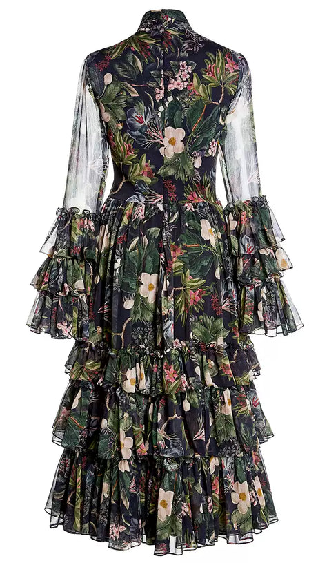 FLORAL PRINT TIERED MAXI DRESS WITH SHEER SLEEVES