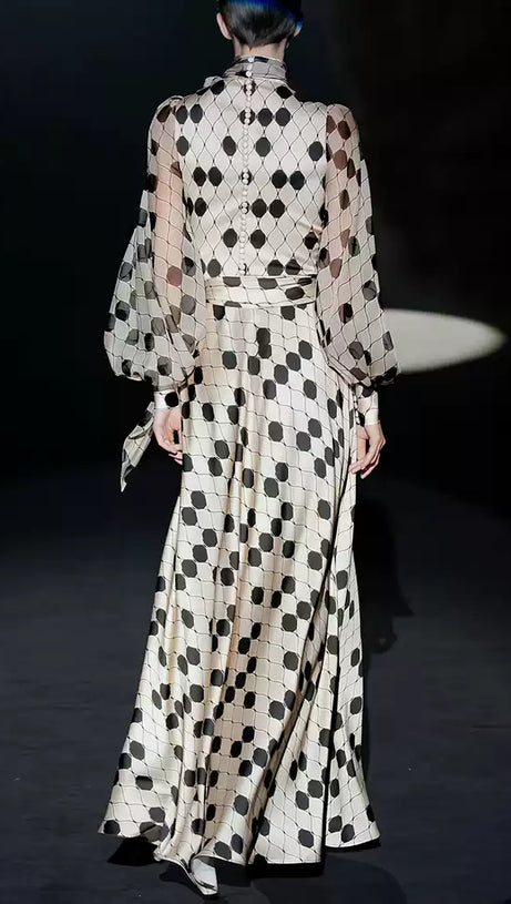 POLKA DOT SATIN GOWN WITH SHEER SLEEVES & BOW NECKLINE