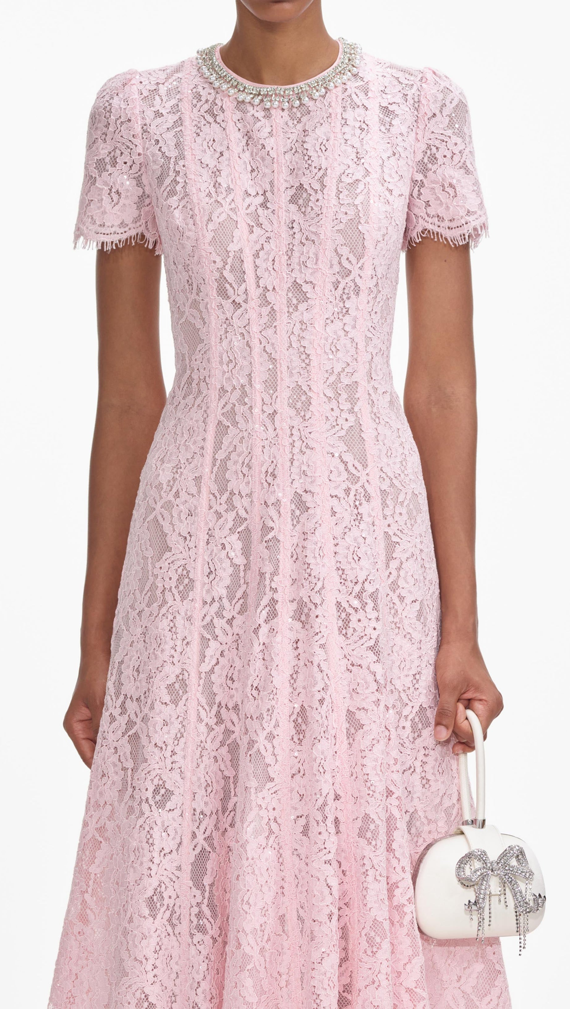 LACE EMBELLISHED MIDI DRESS IN PINK