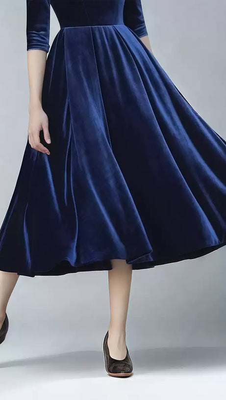 NAVY BLUE VELVET MIDI DRESS WITH PUFF SLEEVES