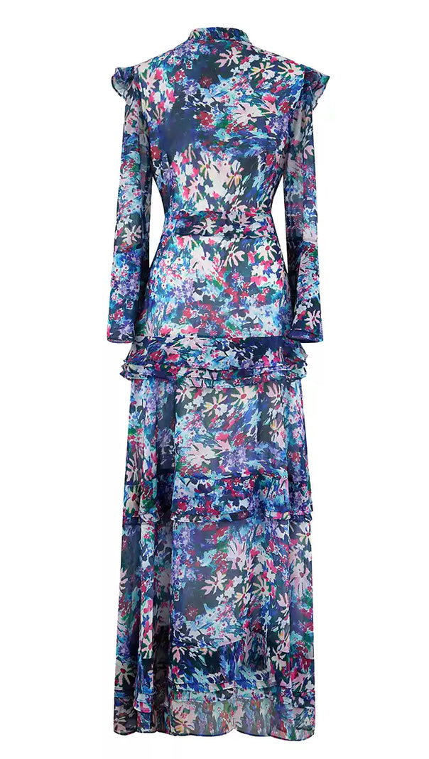 AIIZIE ELEGANT FLORAL MAXI DRESS WITH BOW NECKLINE AND RUFFLES - product image