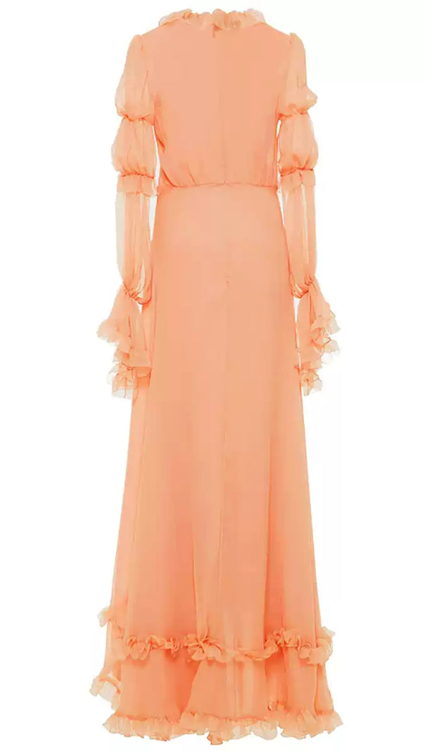 AIIZIE PEACH RUFFLED MAXI DRESS WITH V - NECK AND SHEER SLEEVES - product image