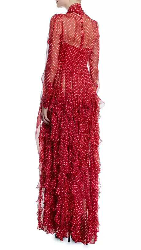 RED POLKA DOT TIERED MAXI DRESS WITH SHEER SLEEVES