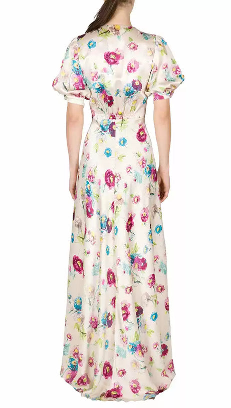 FLORAL PRINT V - NECK MAXI DRESS WITH PUFF SLEEVES