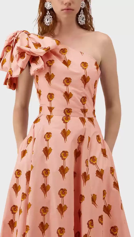 PINK ONE - SHOULDER FLORAL PRINT MIDI DRESS WITH BOW DETAIL