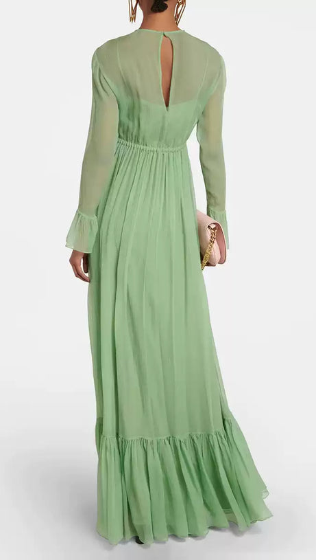 ELEGANT GREEN MAXI DRESS WITH SHEER LONG SLEEVES
