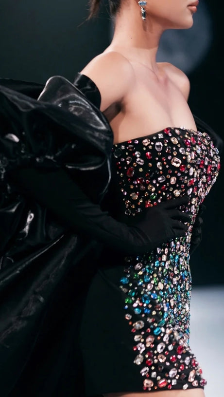 MULTICOLOR-CRYSTAL EMBELLISHED BLACK STRAPLESS MINI DRESS