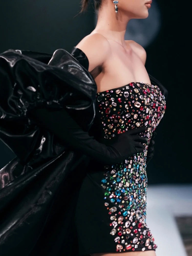 AIIZIE MULTICOLOR-CRYSTAL EMBELLISHED BLACK STRAPLESS MINI DRESS - product image