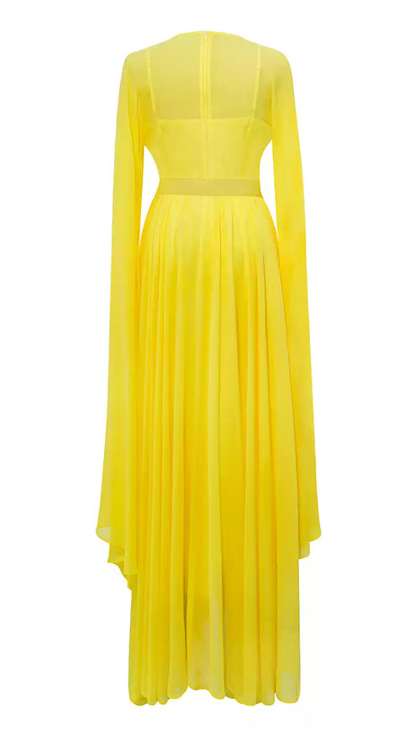 YELLOW SHEER - SLEEVED BELTED MAXI DRESS