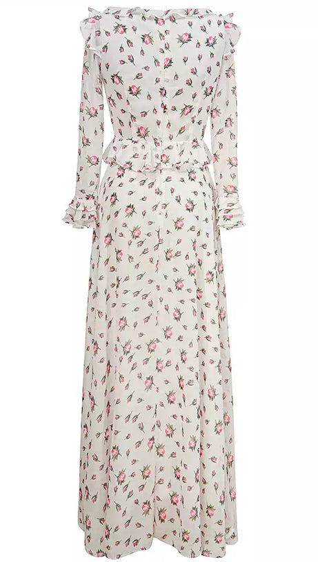 WHITE FLORAL RUFFLED MAXI DRESS WITH SQUARE NECKLINE