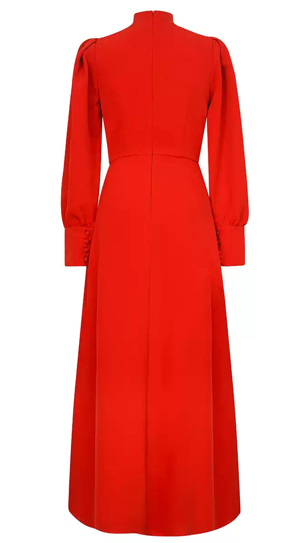 AIIZIE RED MOCK - NECK MIDI DRESS WITH PUFF SLEEVES AND BUTTON DETAIL - product image