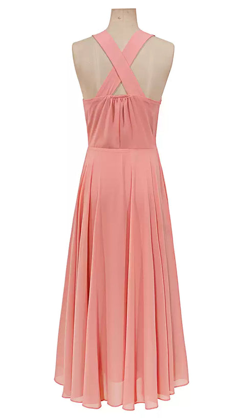 ELEGANT CORAL HALTER MAXI DRESS WITH BOW DETAIL