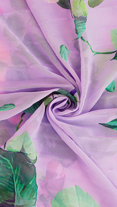 LILAC FLORAL PRINT BOW NECKLINE LONG CHIFFON DRESS