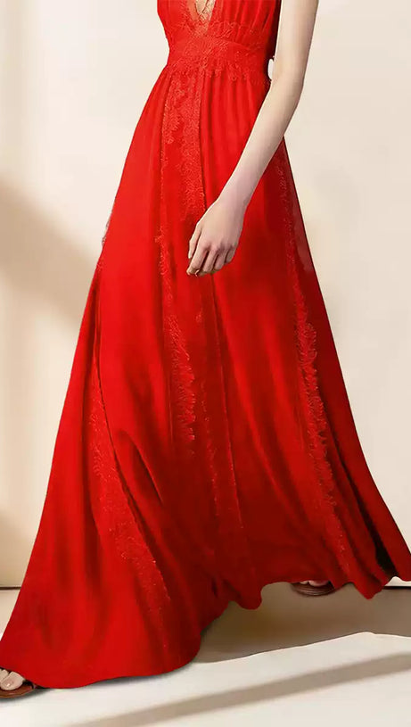 ELEGANT RED MAXI DRESS WITH SHEER LACE V - NECK