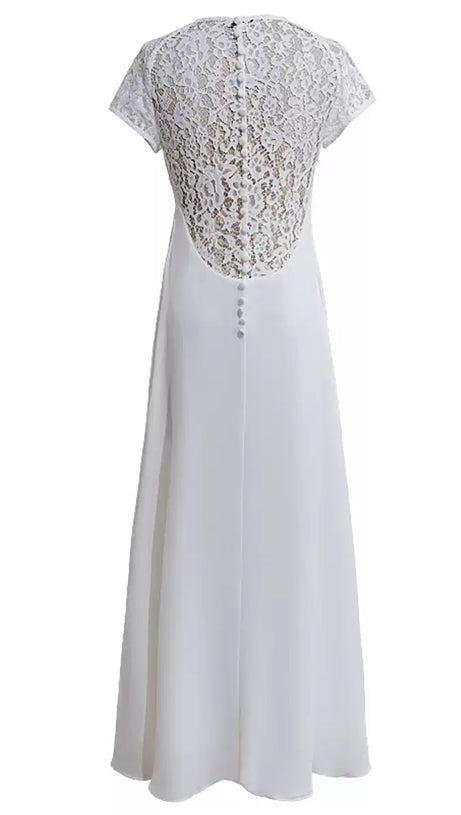 WHITE LACE V - NECK SHORT - SLEEVE MAXI DRESS
