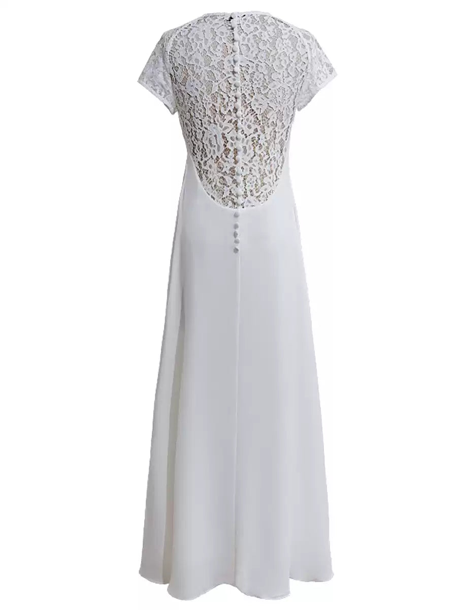 WHITE LACE V - NECK SHORT - SLEEVE MAXI DRESS