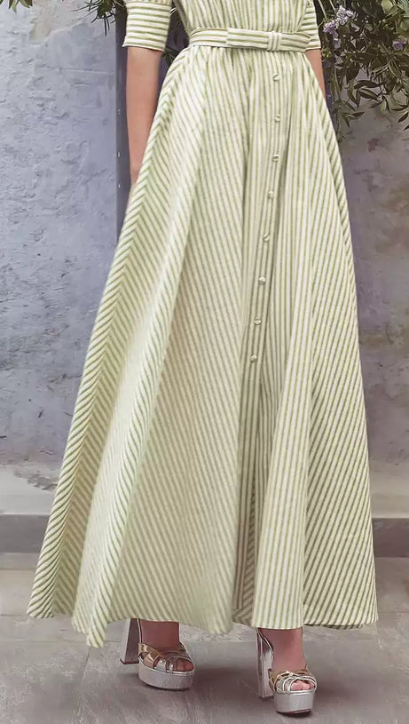 ELEGANTE ABITO LUNGO A RIGHE VERDE ACQUA