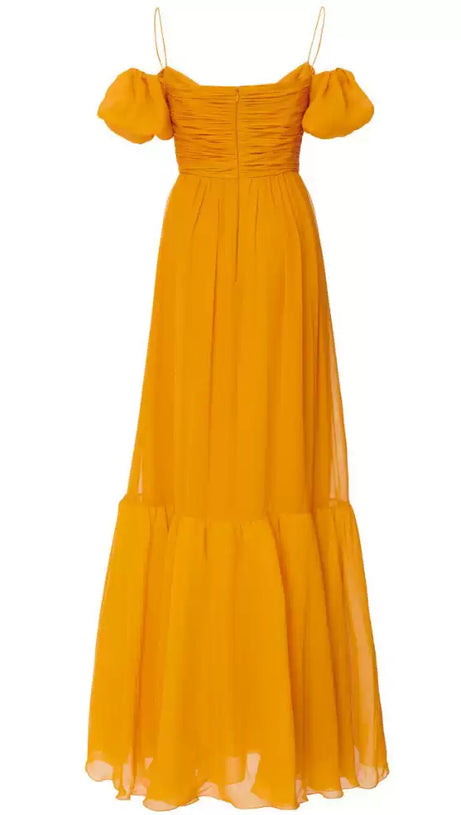YELLOW OFF SHOULDER CHIFFON MAXI DRESS WITH PUFF SLEEVES