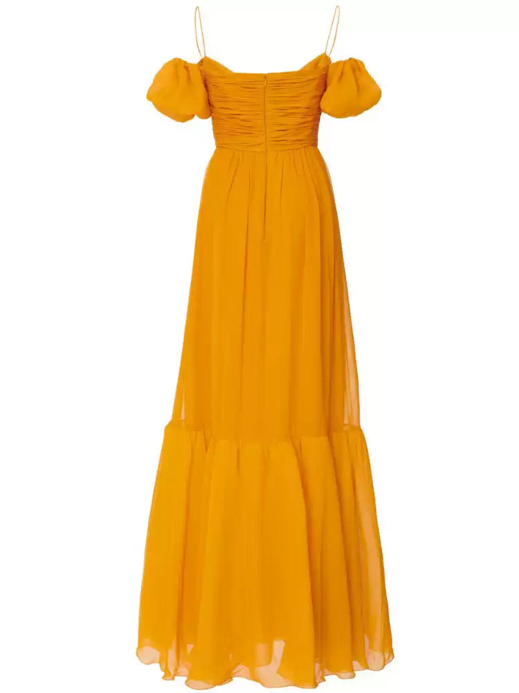 AIIZIE YELLOW OFF SHOULDER CHIFFON MAXI DRESS WITH PUFF SLEEVES - product image